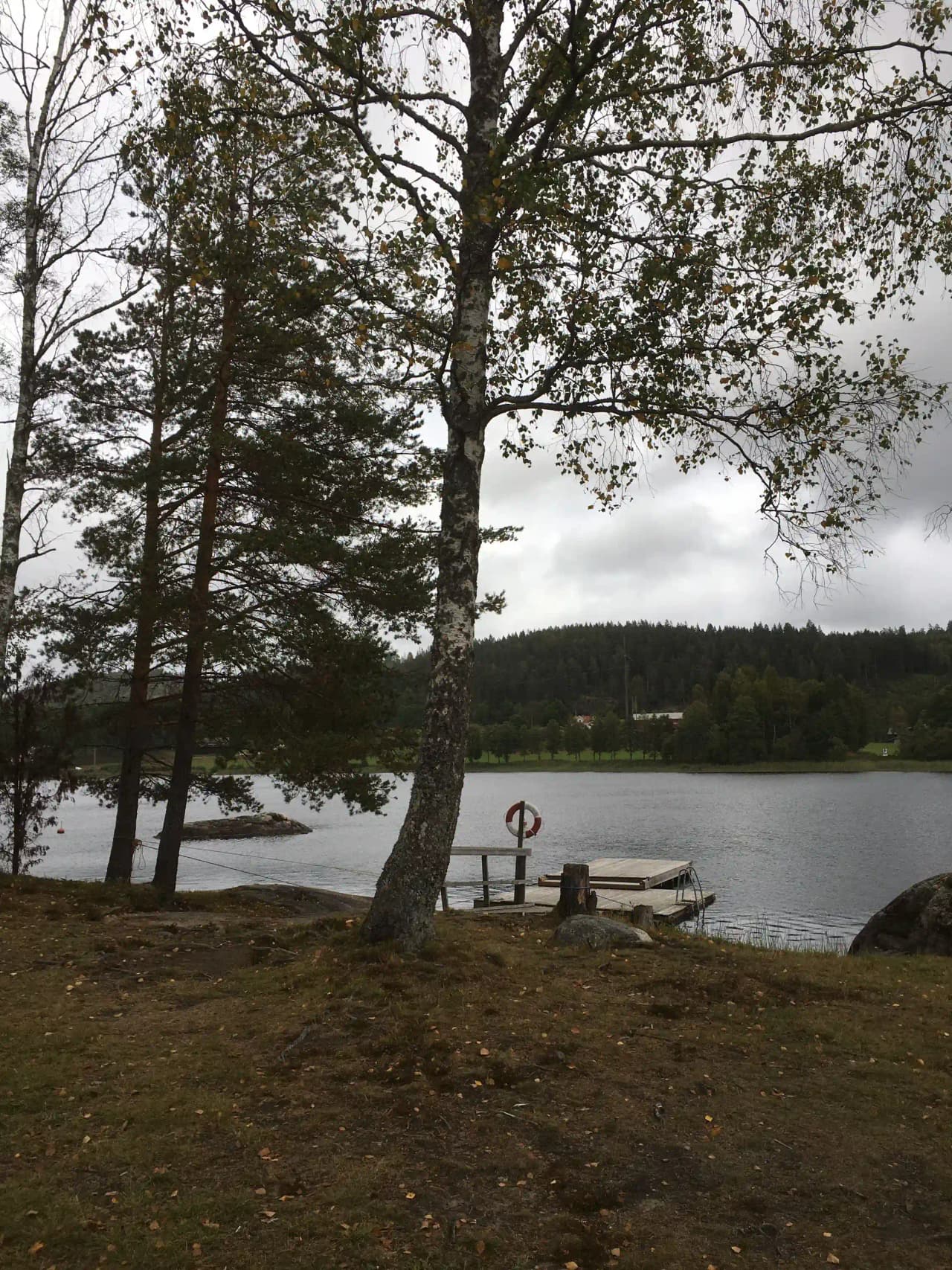 En naturskön vy över ett stilla sjölandskap vid Bullarebygdens familjecamping, med frodig grönska längs strandkanten och himlen täckt av lätta moln.