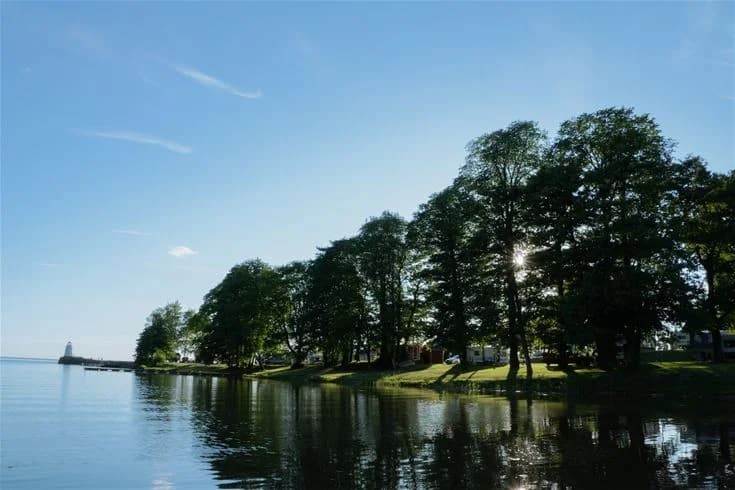 En naturskön vy över en sjö vid Kinnekulle Camping & Stugby, där vattnet glittrar i solljuset och den omgivande naturen ger en lugn och fridfull atmosfär.