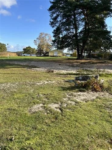 En grön och vidsträckt äng med gräsmatta och markvegetation som sträcker sig över landskapet vid Alholmens camping.
