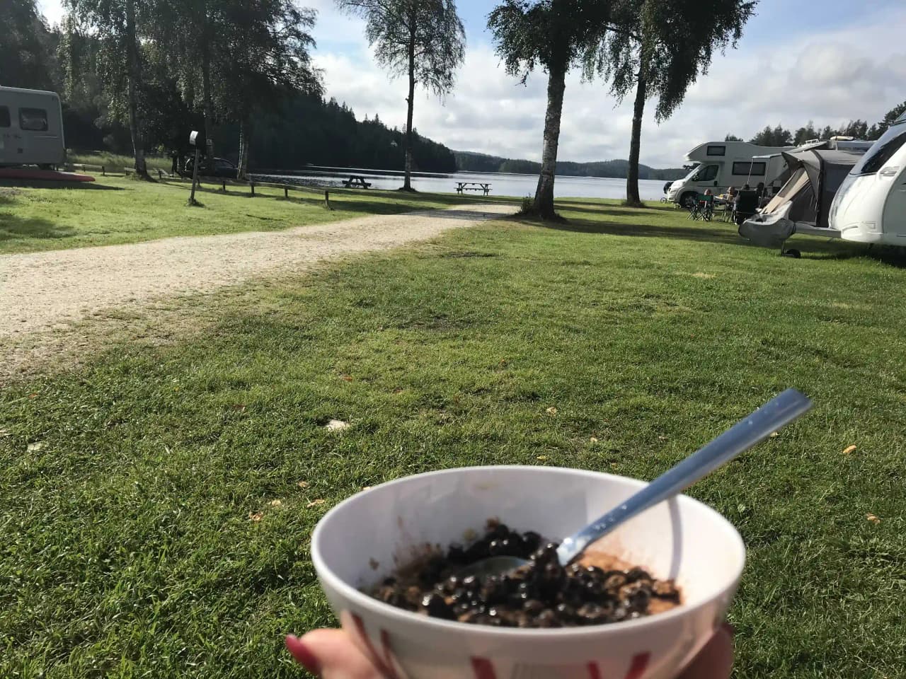 Bild av Ragnerudssjöns camping och stugby, med en grönskande gräsmatta och picknickbord omgivna av rekreationsområden. I bakgrunden syns en husvagn och den natursköna sjön, som erbjuder en rofylld atmosfär för besökare.