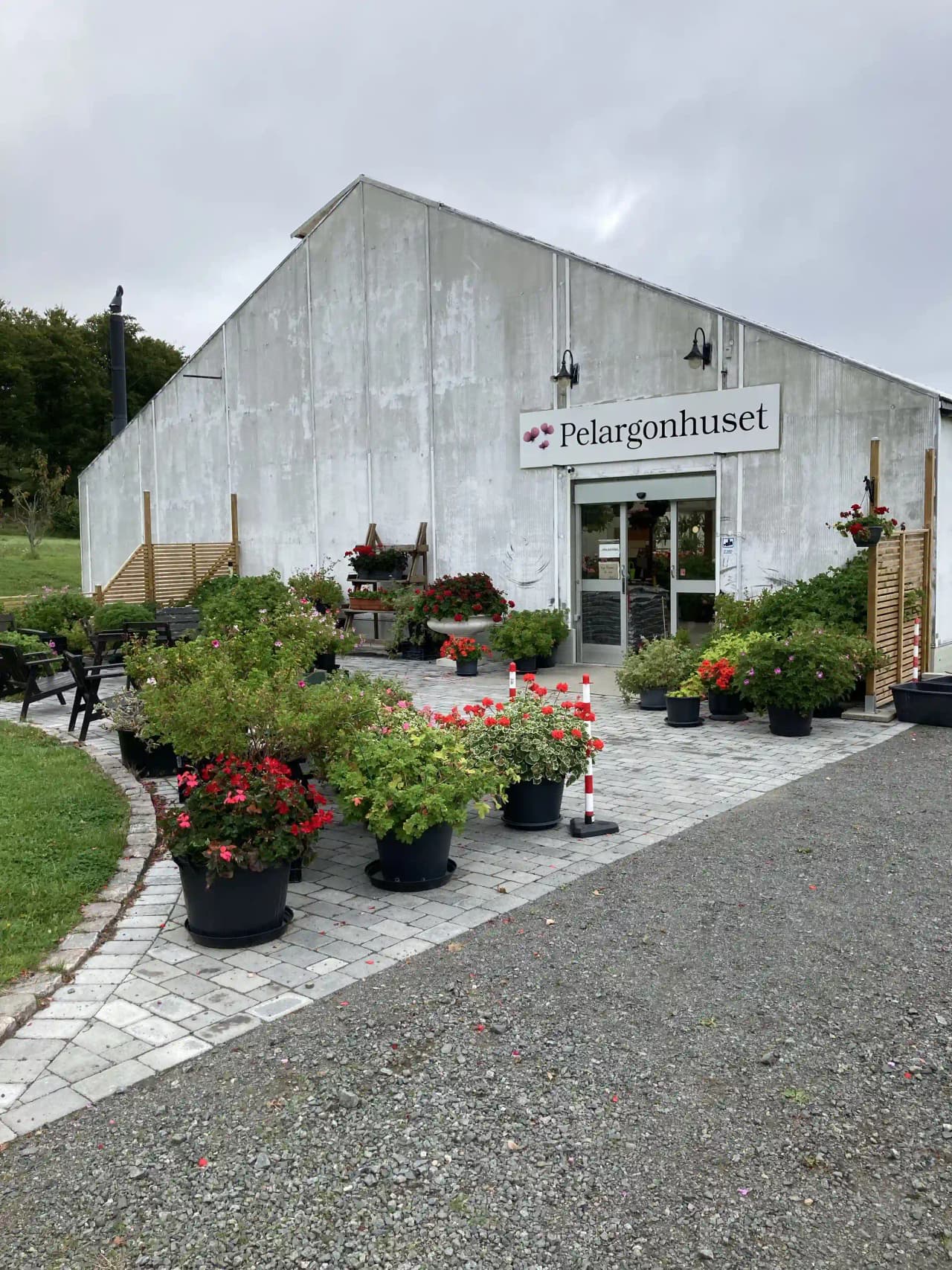 En frodig blomsterträdgård med olika växter och blommor arrangerade i krukor och rabatter, omgiven av grönska typisk för en trädgårdsmiljö.