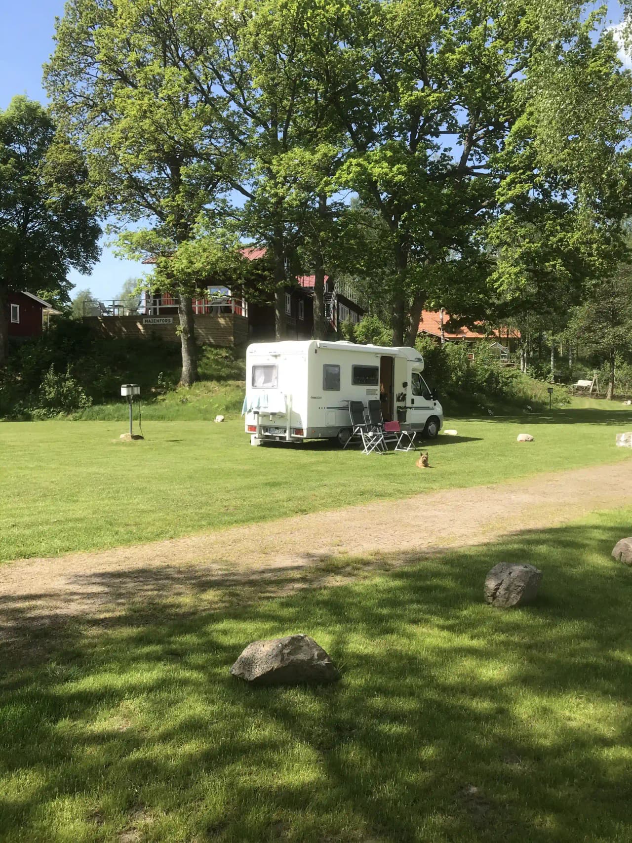 En lummig park med grönska, gräsmatta och träd, där människor campar i husbil och njuter av den fridfulla naturen.