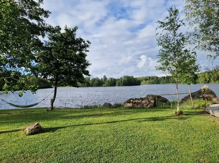 En lugn sjö omgiven av grönskande träd och växter, med en sommarsol som skiner över det naturliga landskapet vid Stjernkvist’s Hunshult.