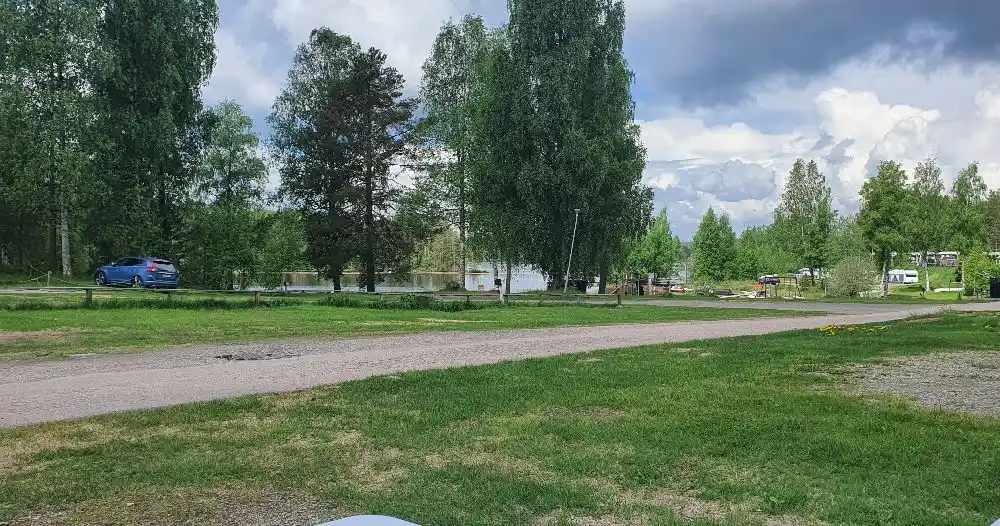 En grönskande äng vid Liens camping med träd och moln på himlen.