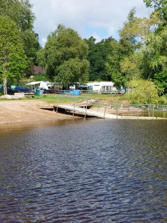 En naturskön landskapsbild av Öjaby camping visar en lugn sjö omgiven av grönskande träd och en stenig strandkant.