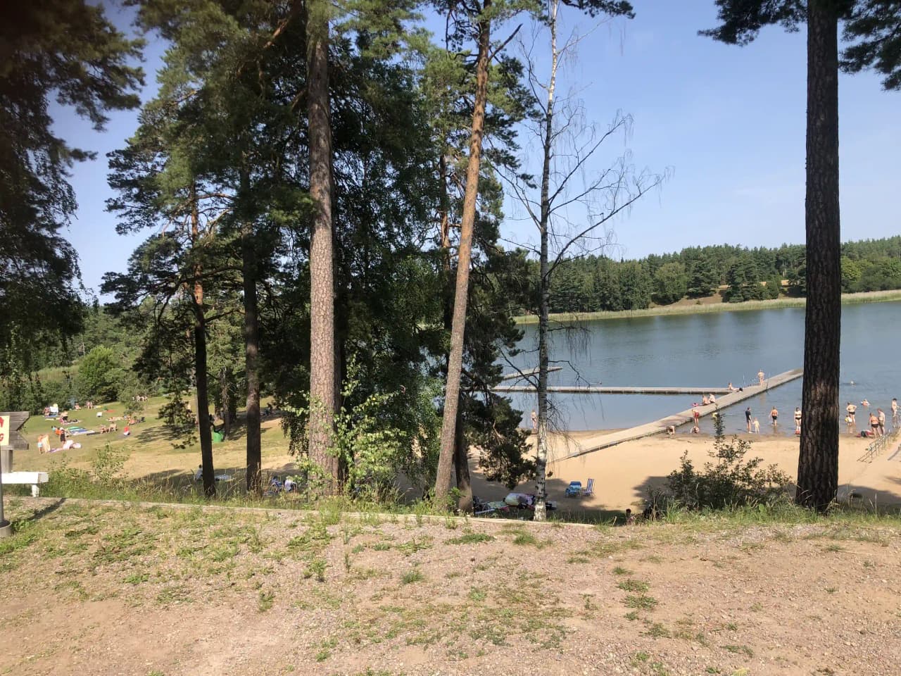 En lugn skogssjö med en liten sandstrand omgiven av träd. Perfekt för rekreation och avkoppling vid vattenbrynet.
