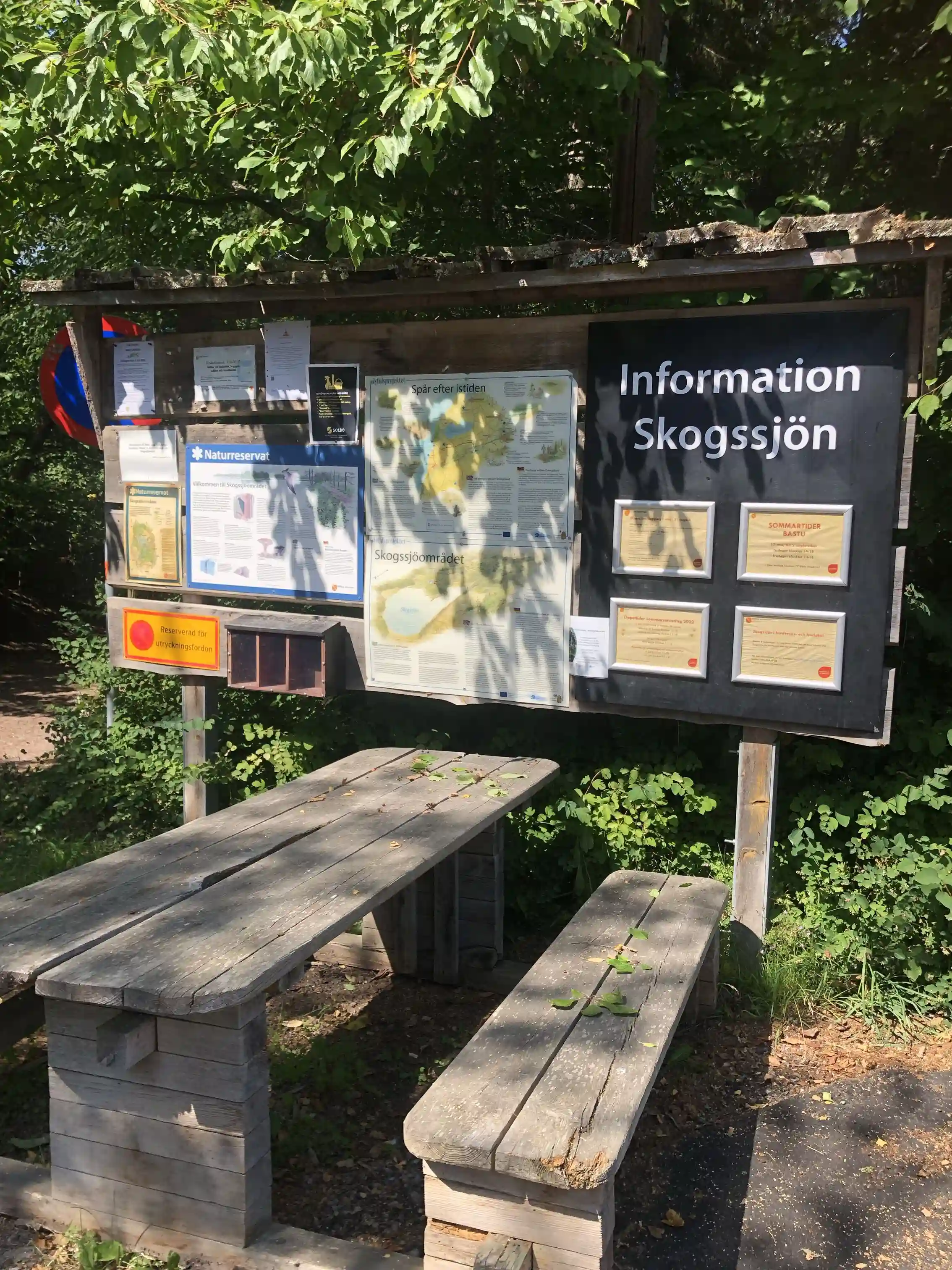 En träbänk och ett utomhusbord står vid en skogssjö. I bakgrunden syns träd och ett skylt vid ingången till Skogssjö Bad & Camping.