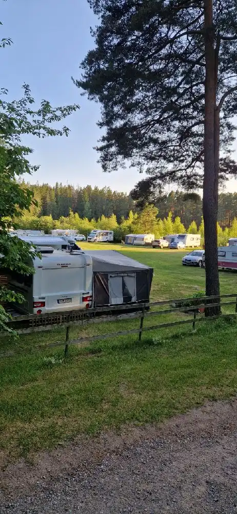En skogsbeklädd campingplats med flera husvagnar och tält uppställda bland träden. En semi-trailer står på parkeringen, omgiven av grönskande gräsmattor och picknickområden.