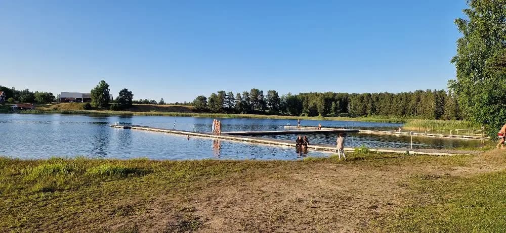 En vacker sjö omgiven av grönskande skog vid Skogssjö Bad & Camping, perfekt för rekreation och avkoppling i naturen.