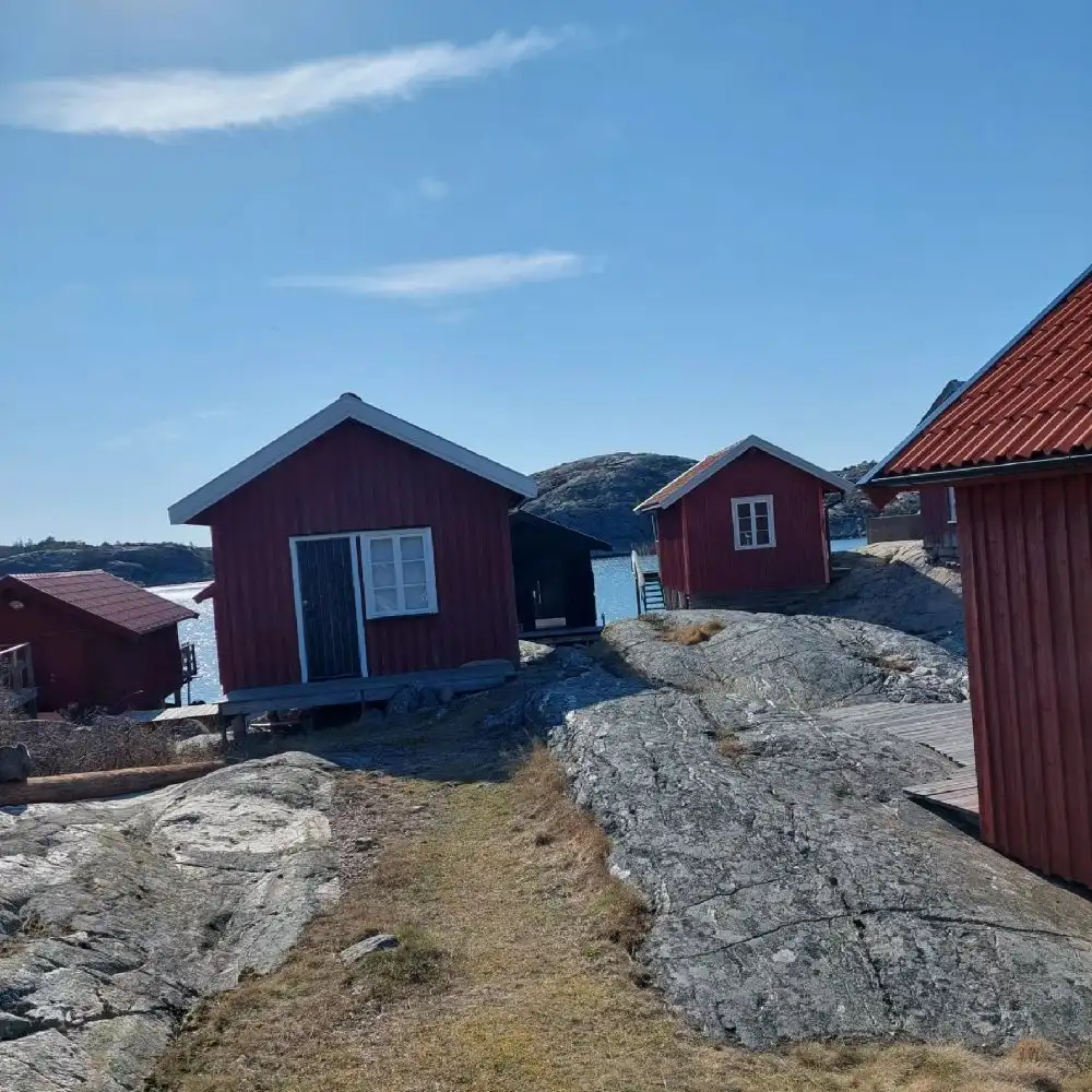 En pittoresk kustscen från Saltviks Camping med stugor vid vattnet. Området omges av en blandning av strand och grönskande terräng, vilket skapar en fridfull och naturskön atmosfär.
