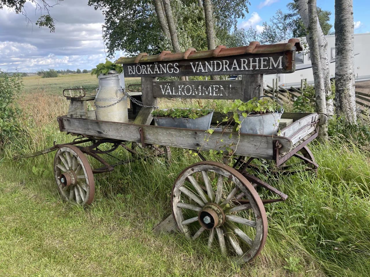 En gammaldags vagn med träsidor och metallhjul står på en gräsmatta framför Björkängs vandrarhem. Omkring vagnen finns grönska och träd i bakgrunden, vilket bidrar till en lantlig och rustik atmosfär.