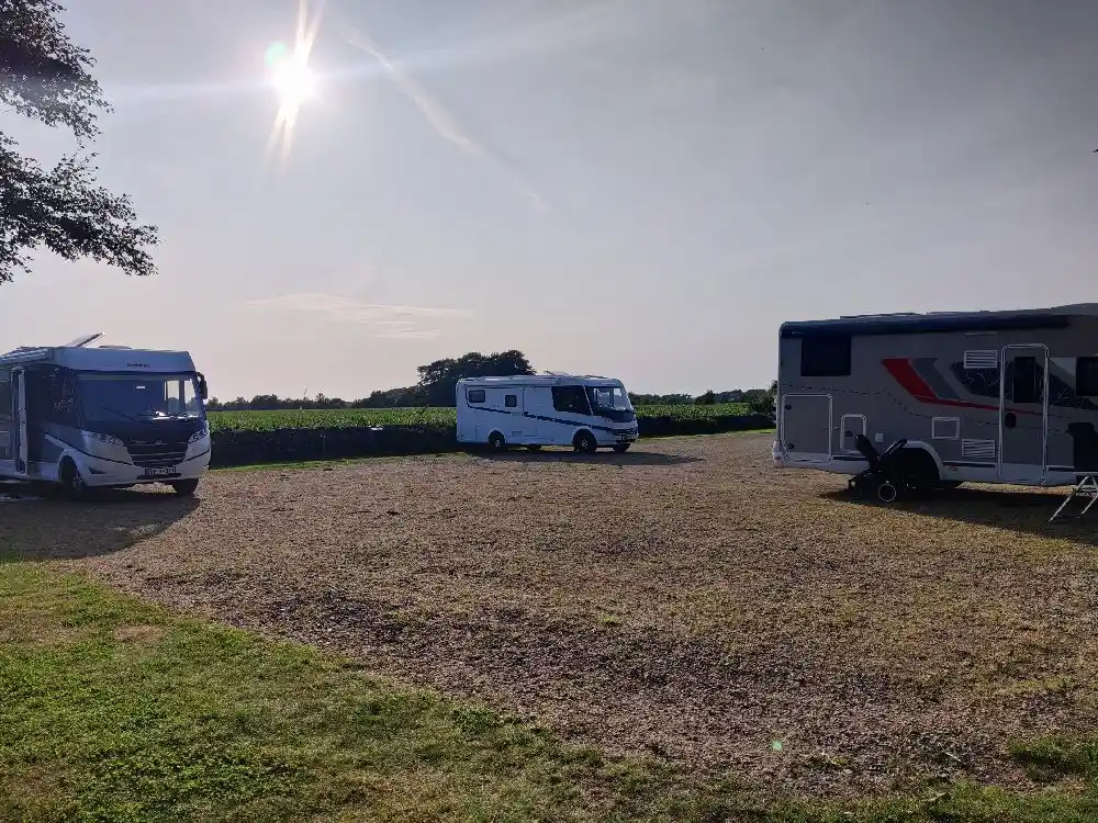 En campingplats med flera husbilar och husvagnar parkerade på en asfalterad yta vid Björkängs vandrarhem.