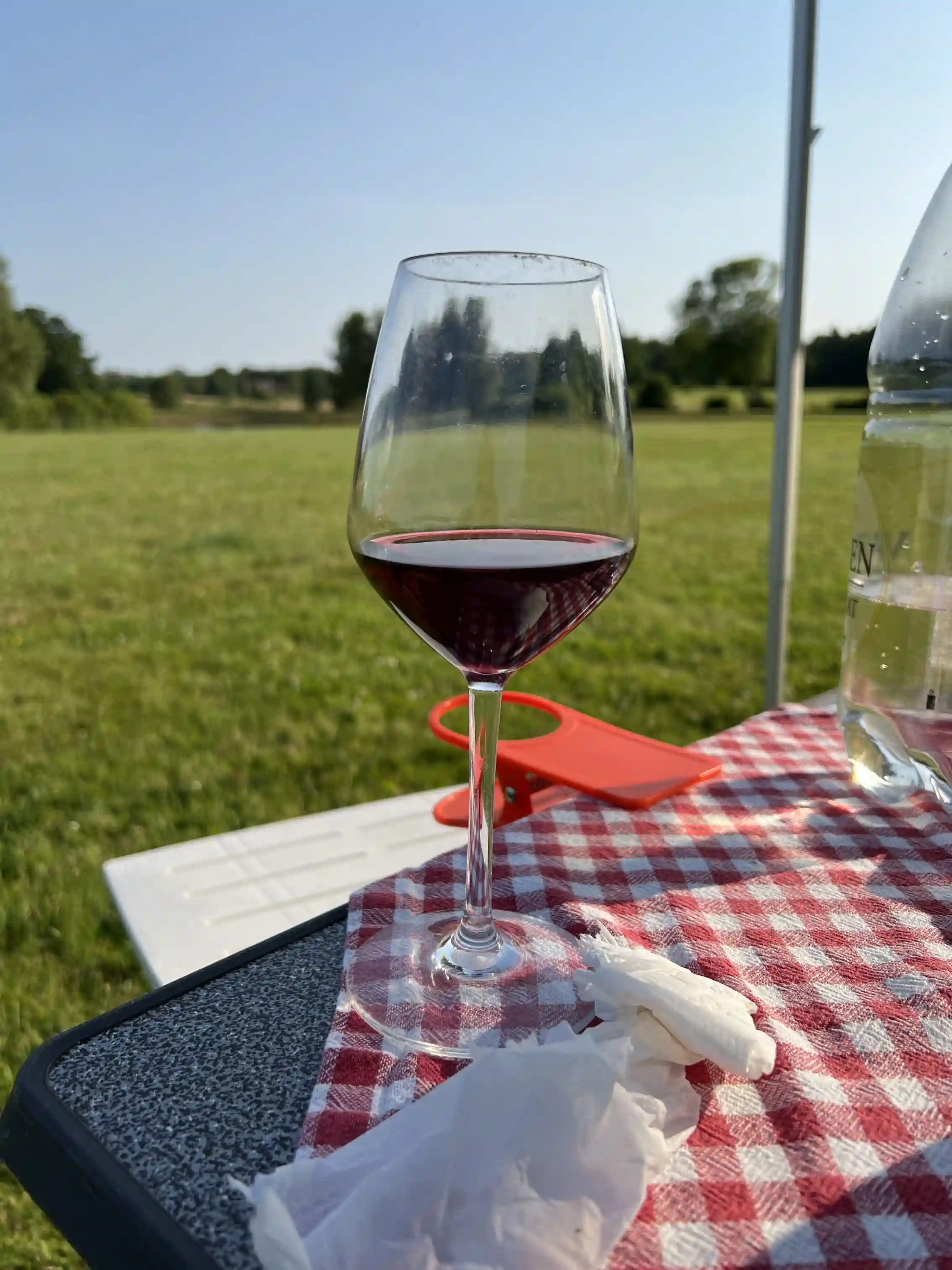 Alt-text: En stilfull uppdukning med vinglas fyllda med rödvin på ett dukat bord, beläget på Vinslövs camping.