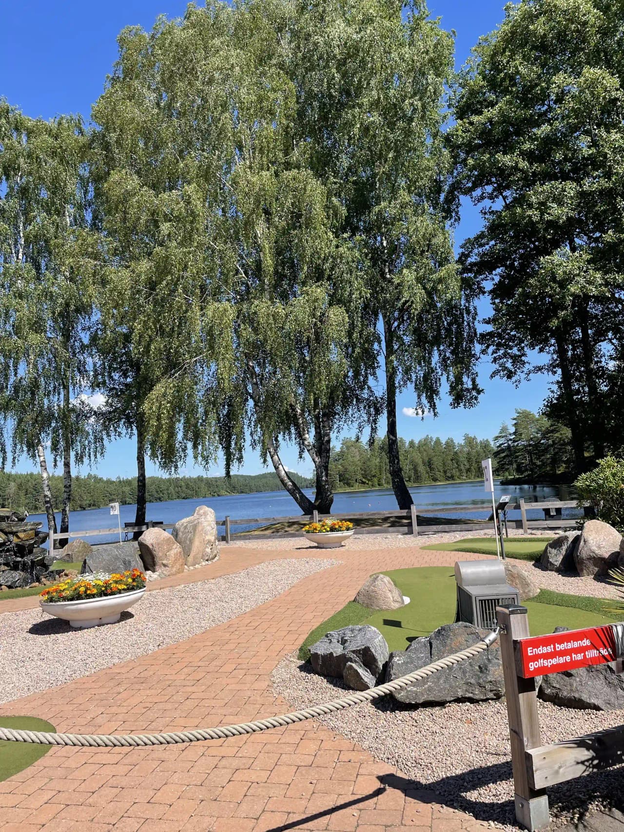 Bild av en lugn, grön campingmiljö i Överlida. Det finns en gångbana kantad av planteringar och en parkbänk under skuggan av träden, med utsikt över stranden.