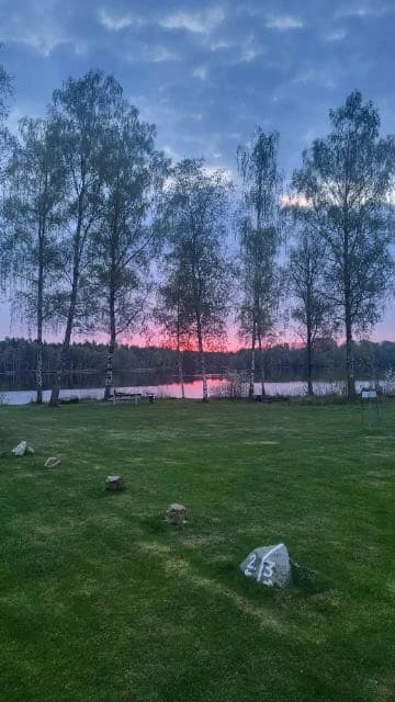 En lugn morgon vid den döende solen, med ett grönt gräslandskap som omger en stilla sjö, skapar en fridfull atmosfär vid besöksmålet "den sovande älgen".