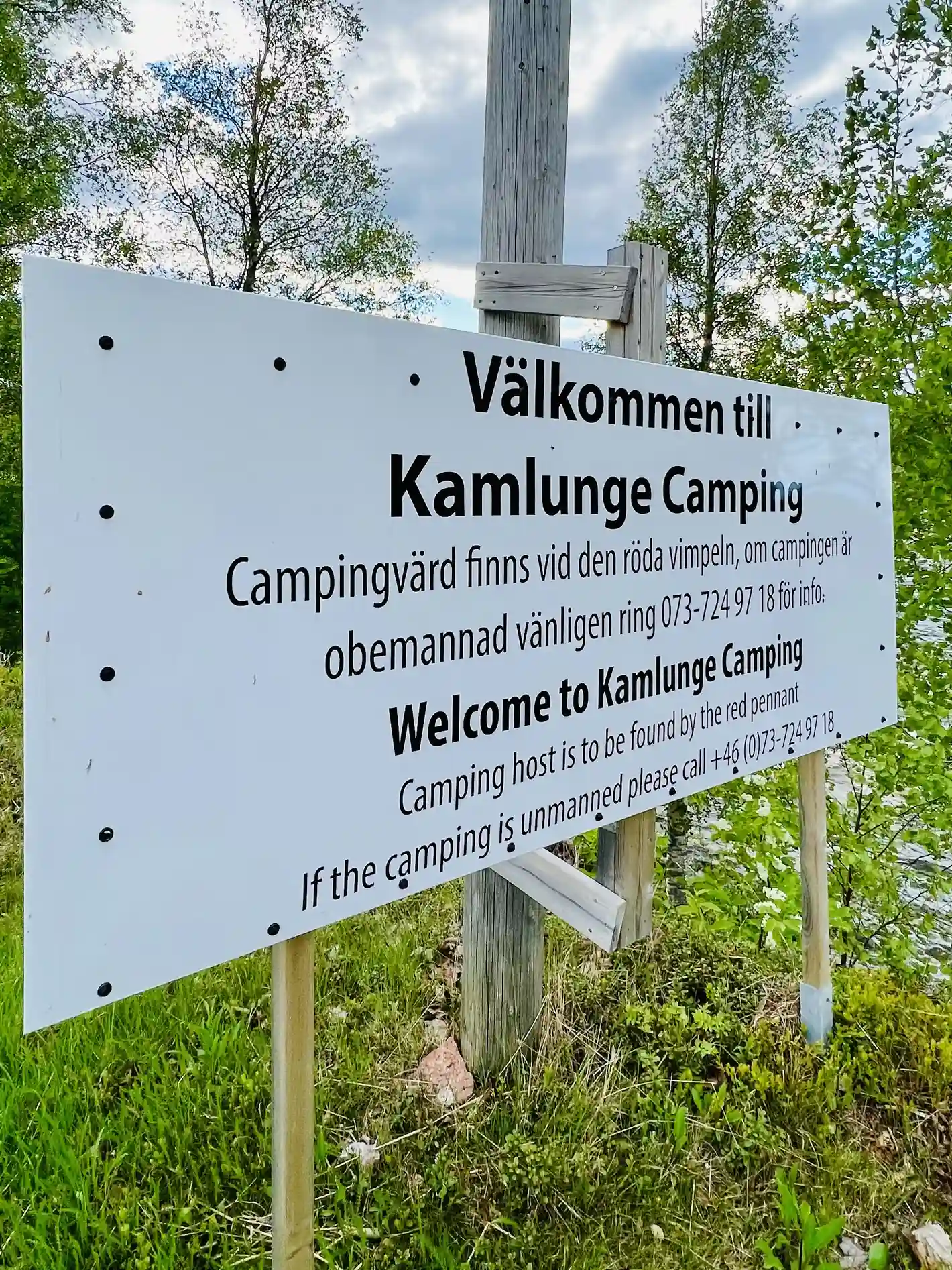 En tältplats vid Kamlunge Camping, omgiven av gröna växter och öppna ängar. Flera tält står uppställda under en klar himmel, med fritidsutrustning synlig i bakgrunden.