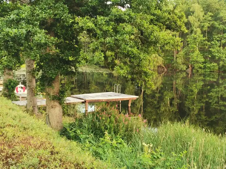En vacker vy över Ljuvadal camping & ställplats med frodig vegetation och ett lugnt vattendrag som rinner genom det gröna landskapet. En fridfull plats omgiven av naturens stillhet och skönhet.