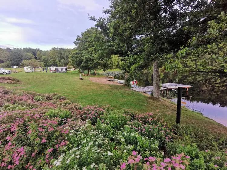 En naturskön camping- och ställplats vid Ljuvadal med gröna träd, gräsytor och buskar i en lantlig miljö, perfekt för avkoppling och friluftsliv.