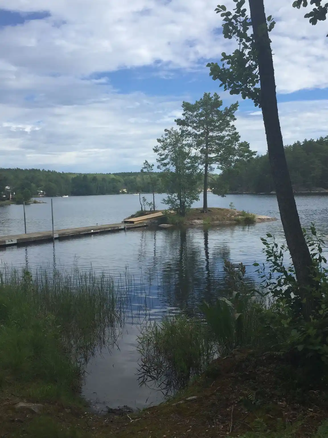 En naturskön vy över en glittrande sjö omgiven av frodig grönska vid Hätte Camping.