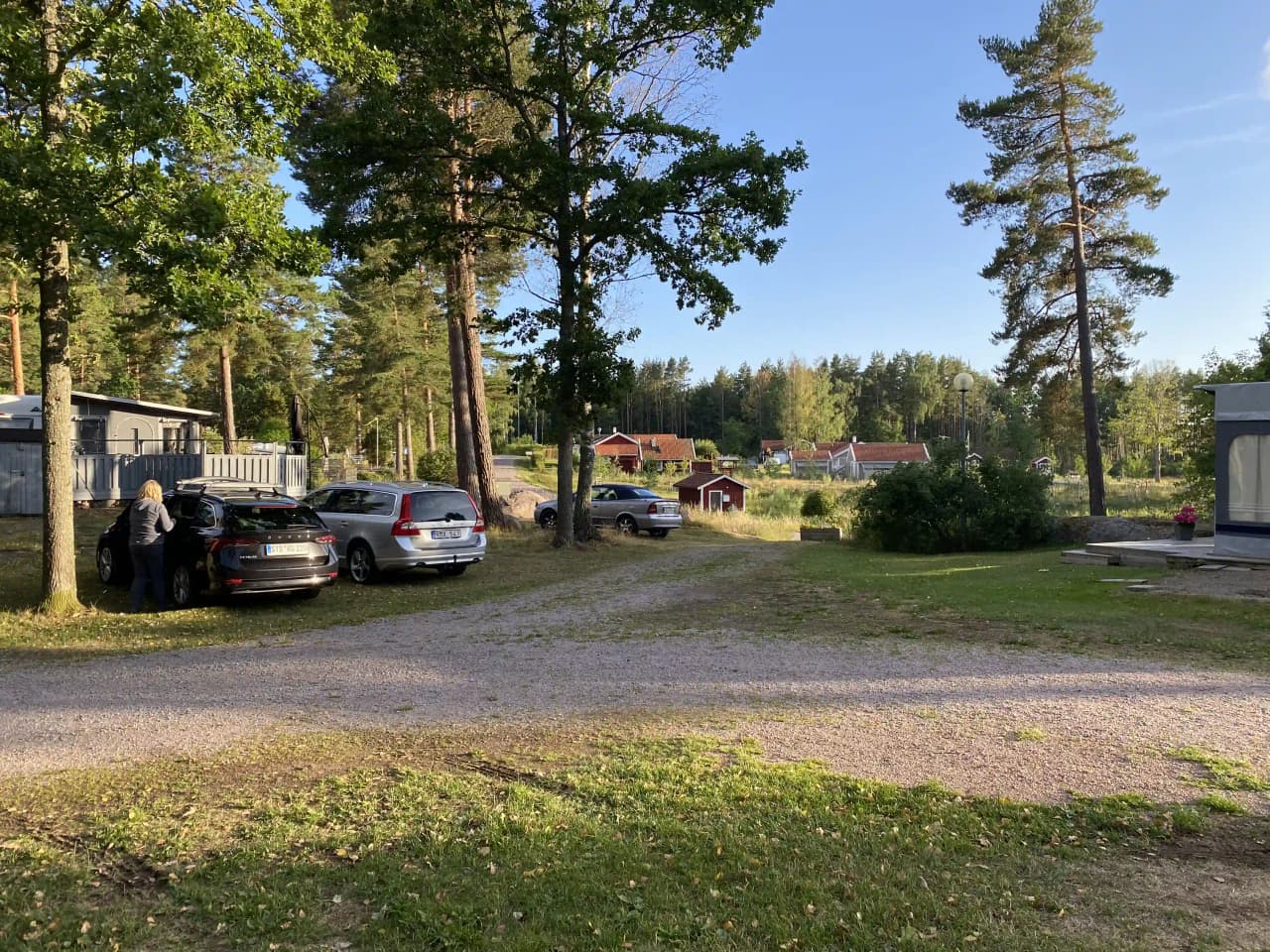 En grönskande campingplats med träd och växter, där flera bilar är parkerade på en grusyta vid sidan av små stugor. En välskött gräsmatta syns i förgrunden.