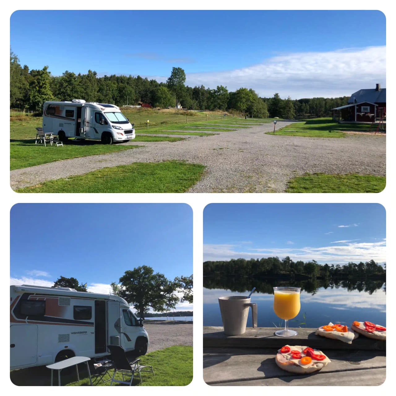 En bild av Upperuds Gästhamn som visar ett område för camping. Här syns flera husvagnar och husbilar uppställda bland tält och parkerade bilar, omgivna av grönska.