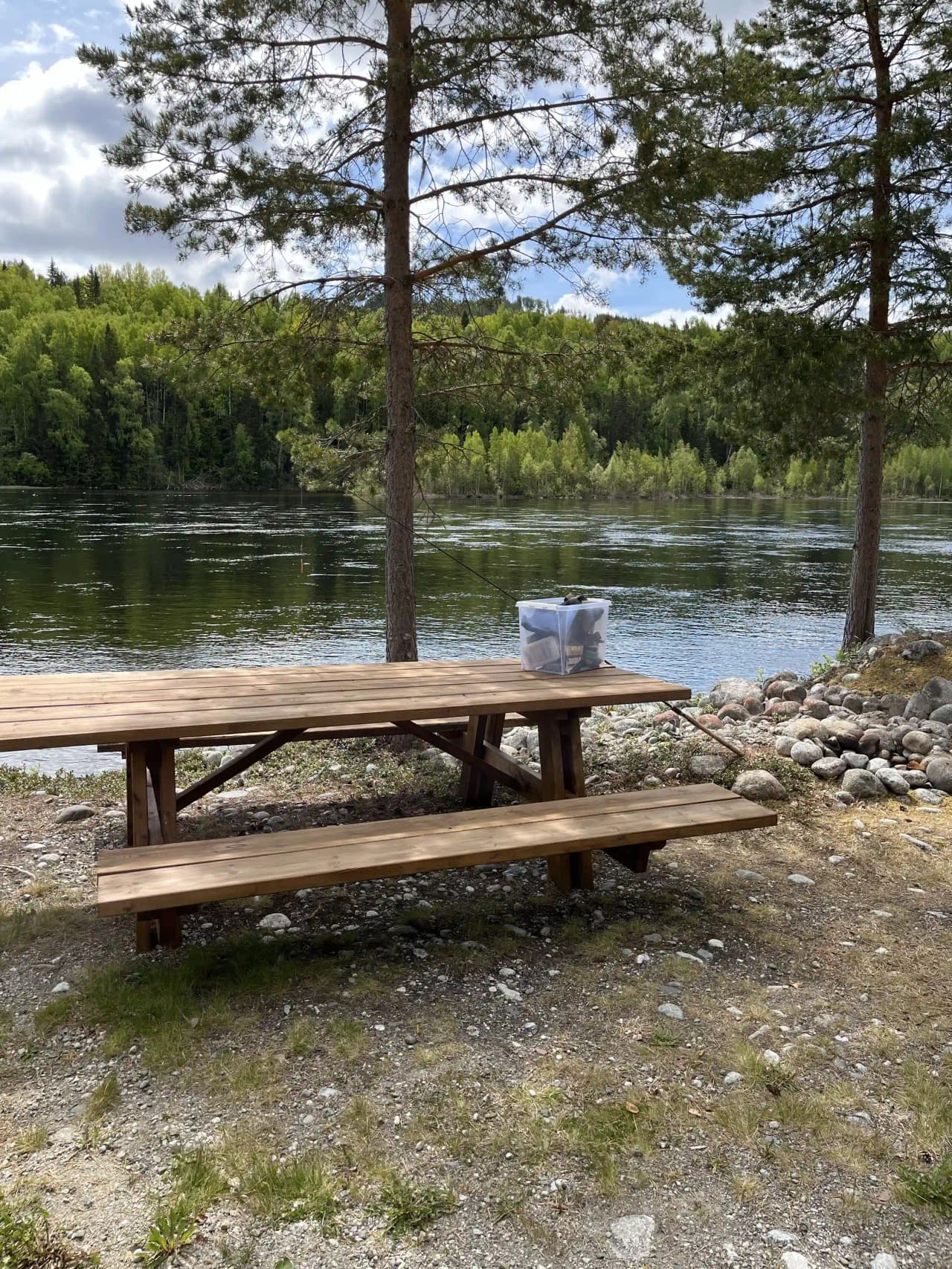 En picknickbord och bänk av trä utomhus vid Zorbcenter, omgiven av grönska.