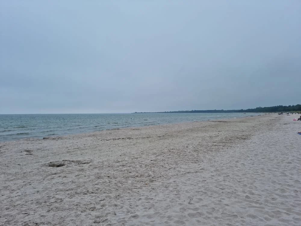 En solig dag vid Sudersand Resort med en blå himmel ovanför en vidsträckt strand. Havet syns vid horisonten, och moln svävar lätt över himlen. Perfekt plats för avkoppling och naturupplevelser.