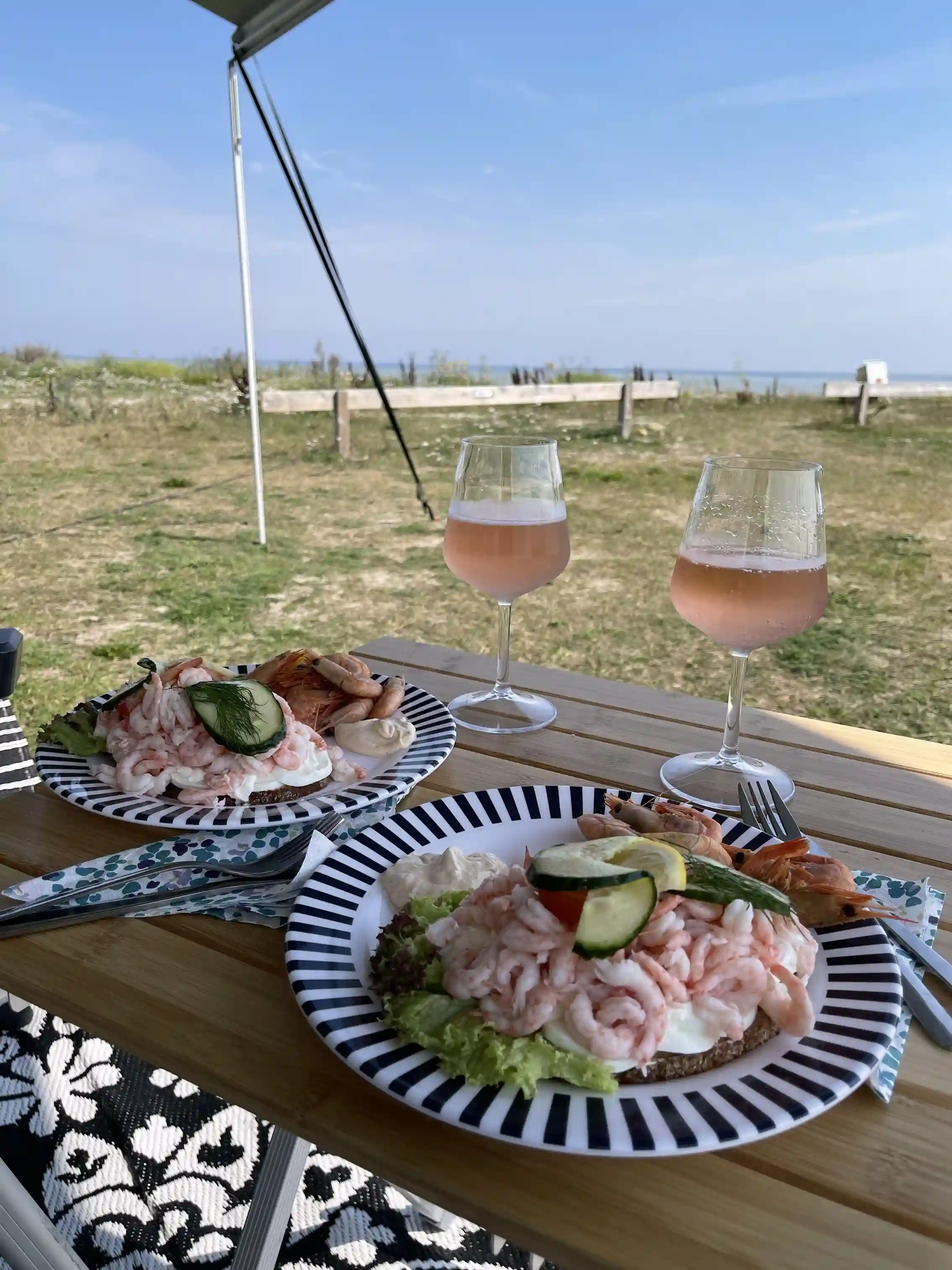 Ett dukat bord med tallrikar, glas och serveringskärl fyllt med färsk frukt och andra ingredienser, som ger en inbjudande känsla av en matupplevelse på Wikegårds semesterby & ställplatscamping.