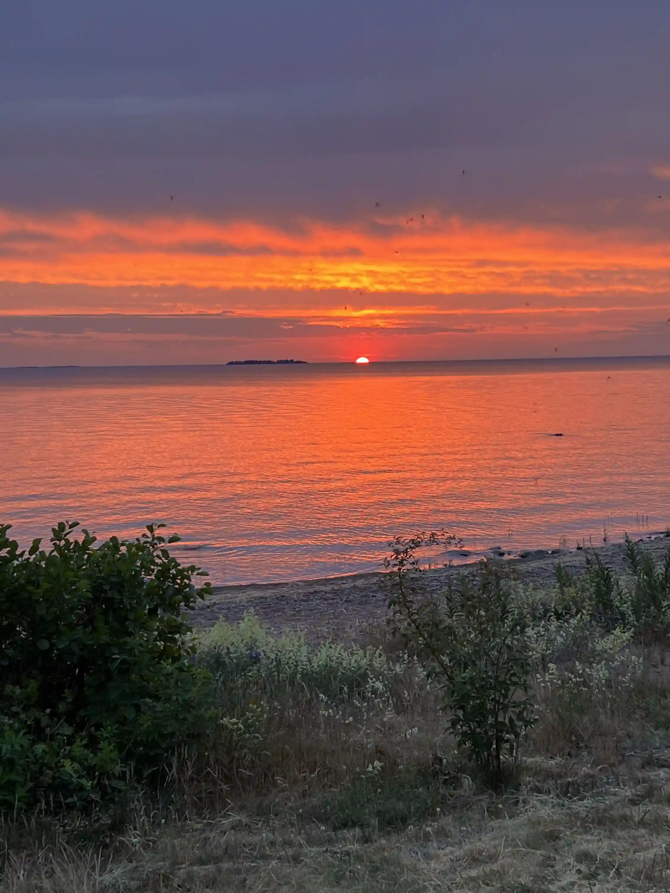 Solnedgång över en sjö vid Askeviks Camping & Stugor, där himlen glöder i orange och rosa toner och reflekteras i det stilla vattnet.