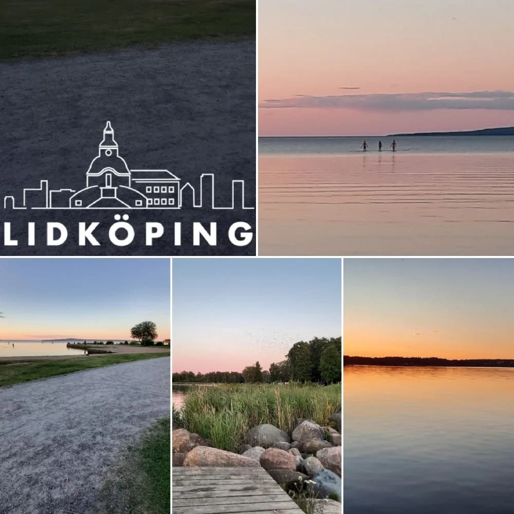 En solnedgång över horisonten som lyser upp stranden och kusten vid Kronocamping, med ett varmt sken som reflekteras i vattnet.