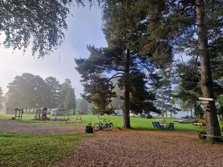 En grönskande campingplats med träd och gräs, några bänkar utspridda för avkoppling i det fria, vid Nåns camping.