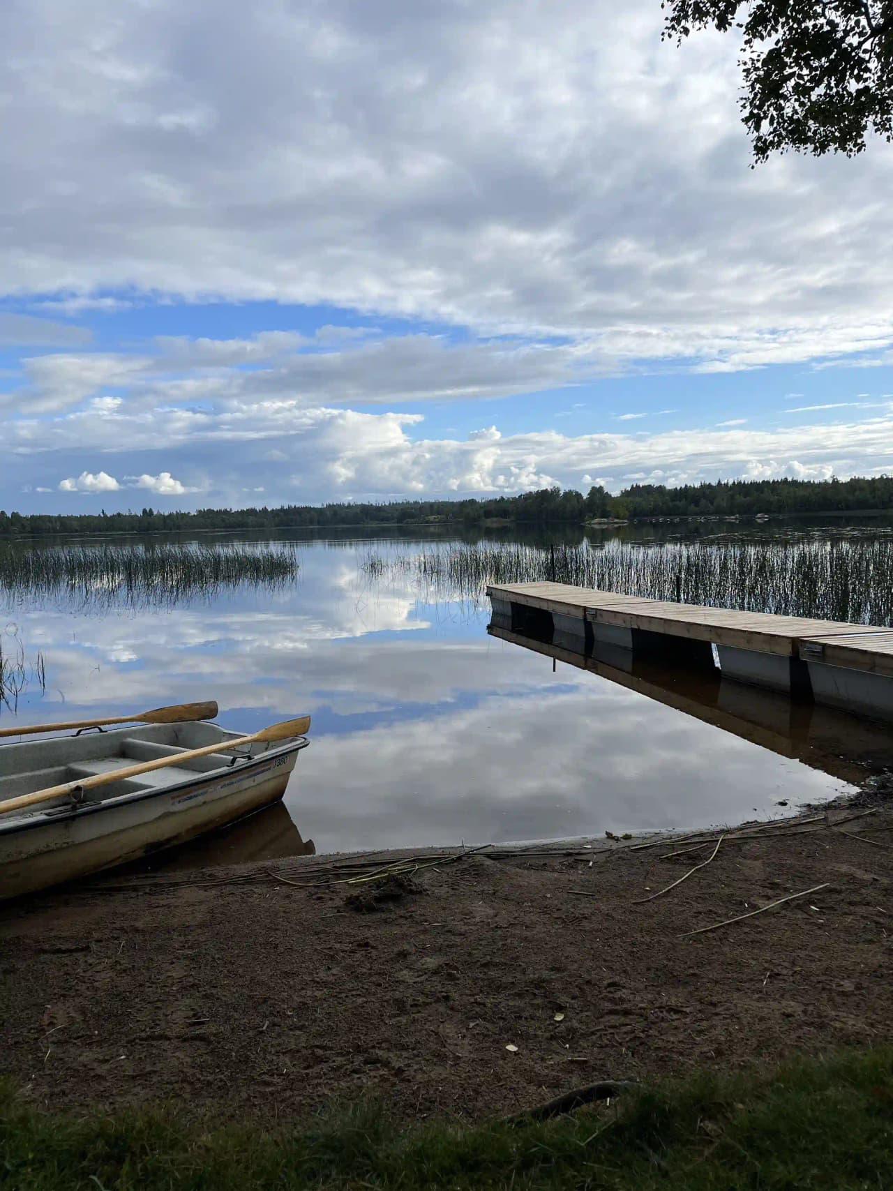 Vy över en lugn vattensjö med en liten brygga i förgrunden under en klarblå himmel med lätta cumulusmoln.