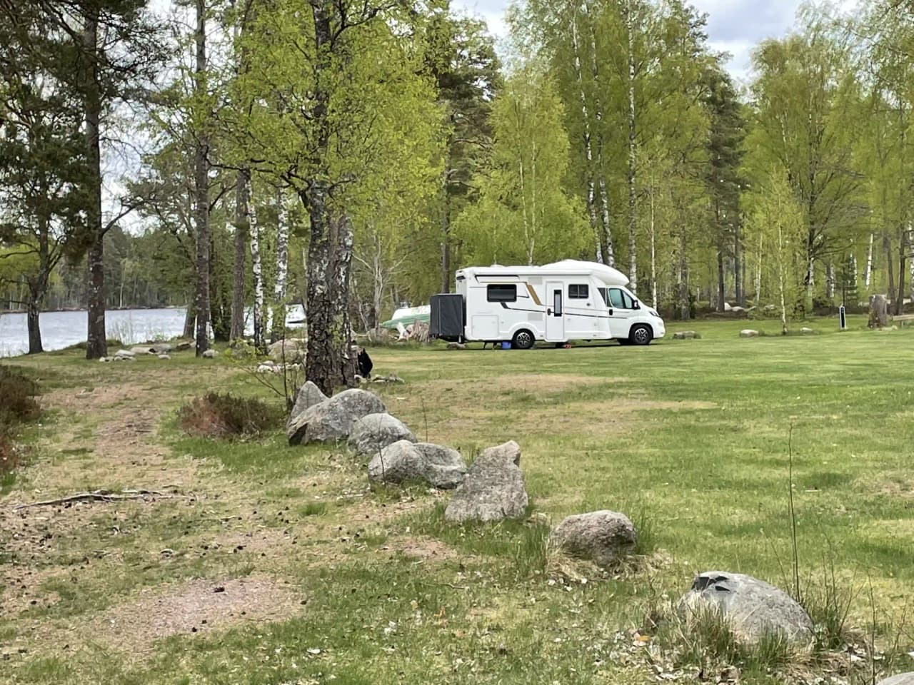 En grönskande campingplats med tält och husbilar omgivna av träd och gräs.