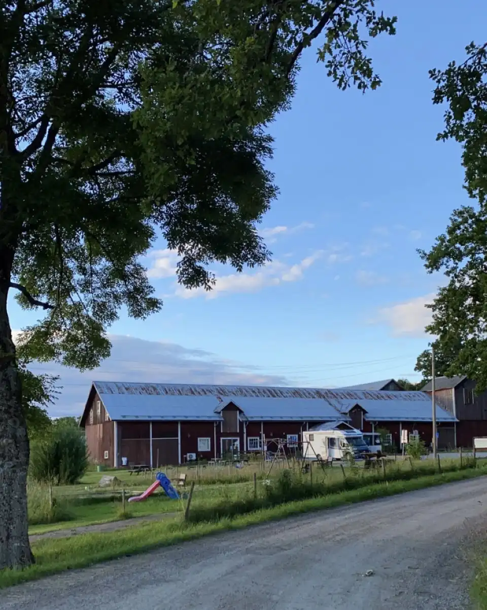 En bild av Gustavsvik Resort som visar en ladugård med träpanel, en uppfart och en grönskande gårdsplan omgiven av skugga.