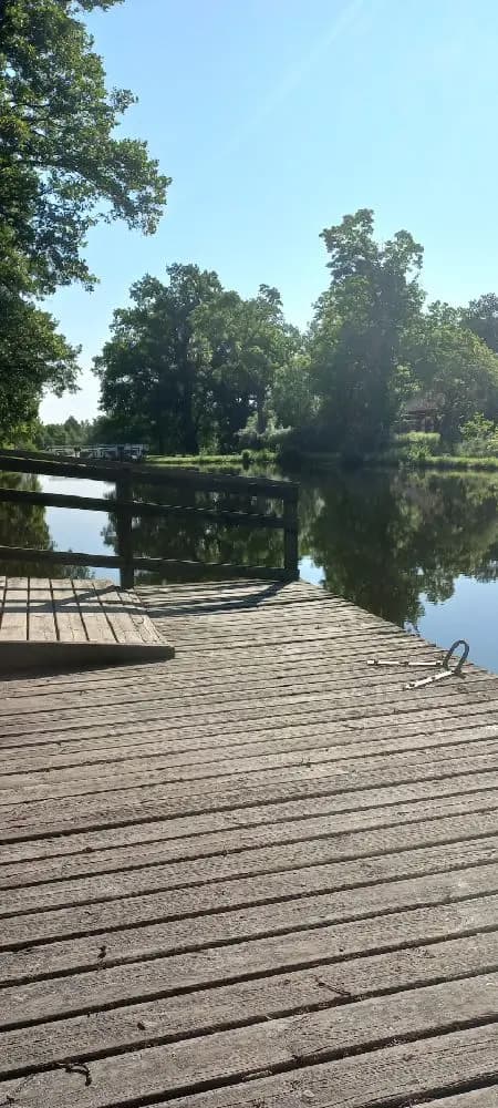 En solig dag vid Skantzö Bad & Camping, med en träbrygga som sträcker sig över en lugn sjö, omgiven av grönskande träd och en naturskön omgivning.