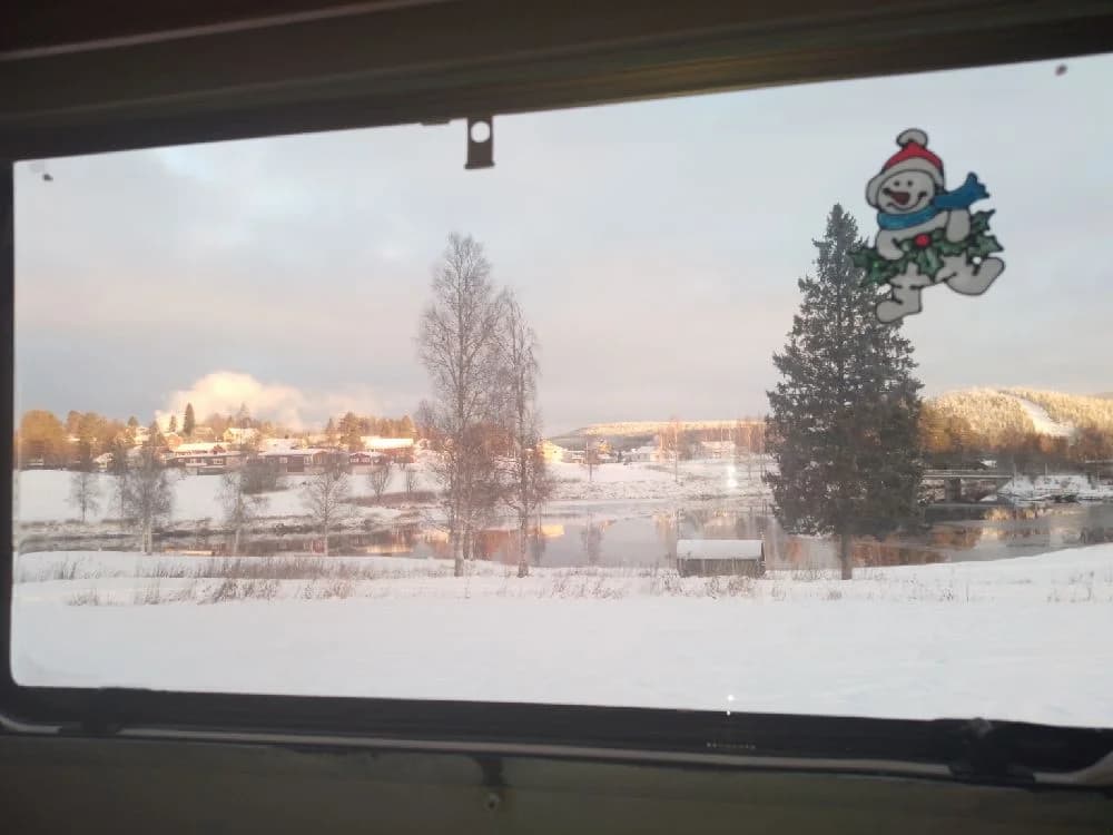 En snötäckt vinterlandskap vid Bygdsiljums camping med frostiga granar och en isig vindruta, som illustrerar en kylig vinterdag.