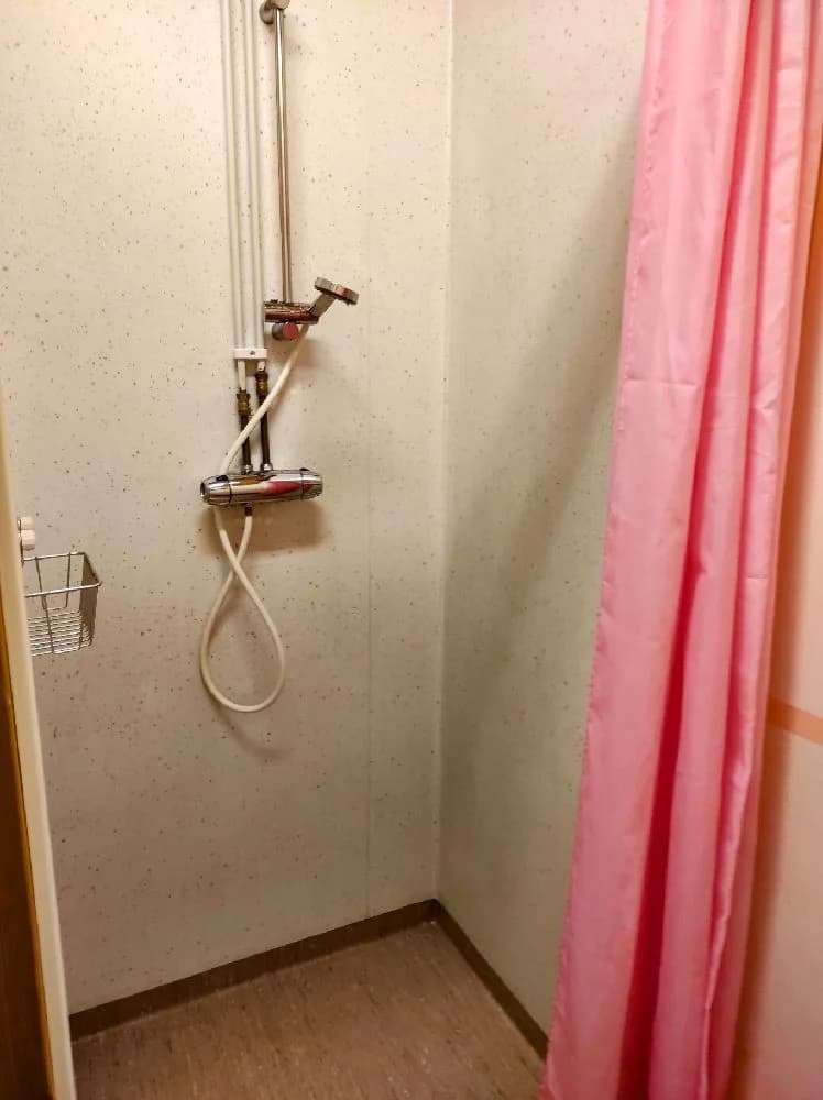 Alt-text: "Interiör av ett badrum på Meselefors Camping, med en dusch och pink färgdetaljer."