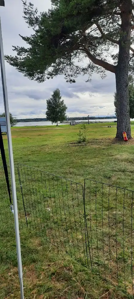 En grön gräsplan med utsikt över ett öppet fält vid Borgaruddens havsbad och familjecamping. I bakgrunden syns några träd som ger skugga och ett gallerstängsel vid kanten av fältet.