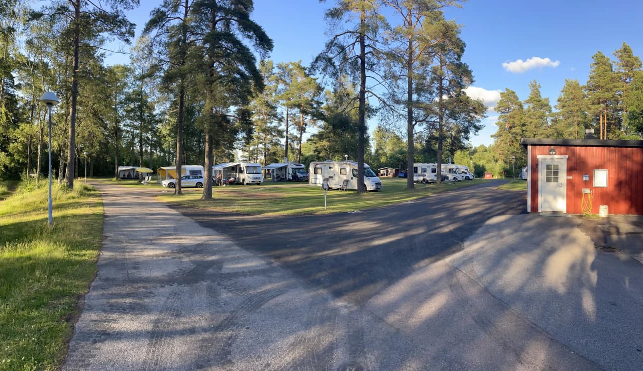 En grönskande campingplats vid Hörsjön med träd, gräs och växtlighet. En husbil står parkerad vid en uppfart omgiven av grönytor.