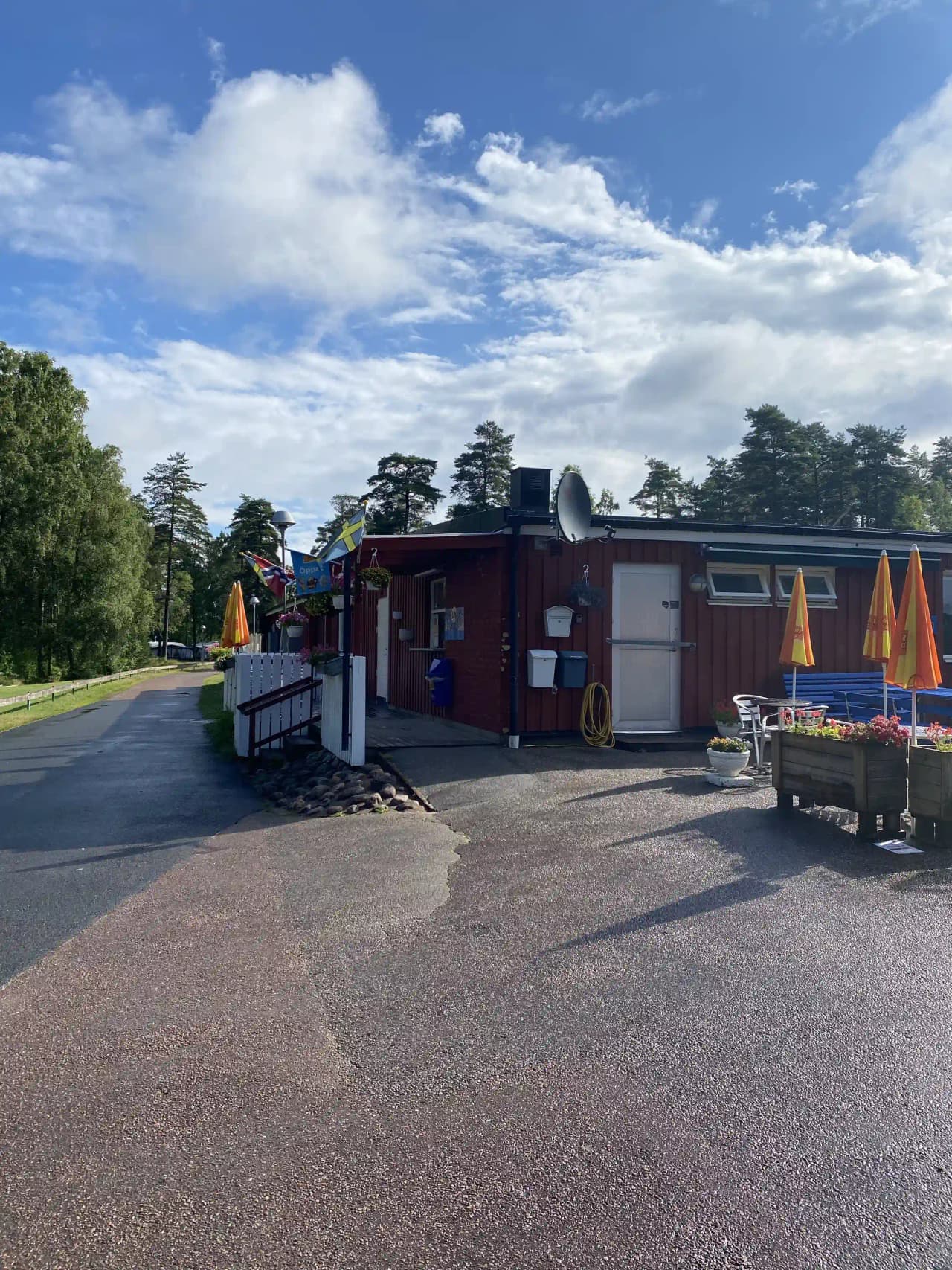 En naturskön campingplats vid Hörsjön med skuggiga platser under lummiga träd, perfekt för avkopplande utomhusvistelser.