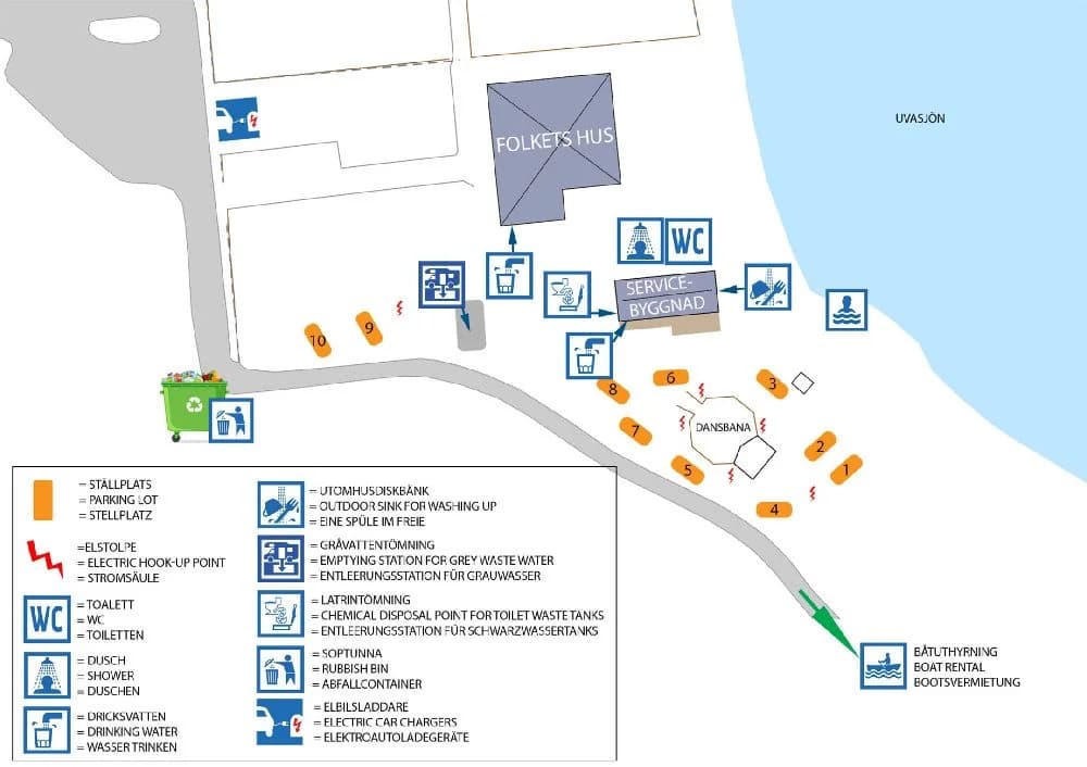 Karta över Uvaparken ställplats och dess omgivningar.