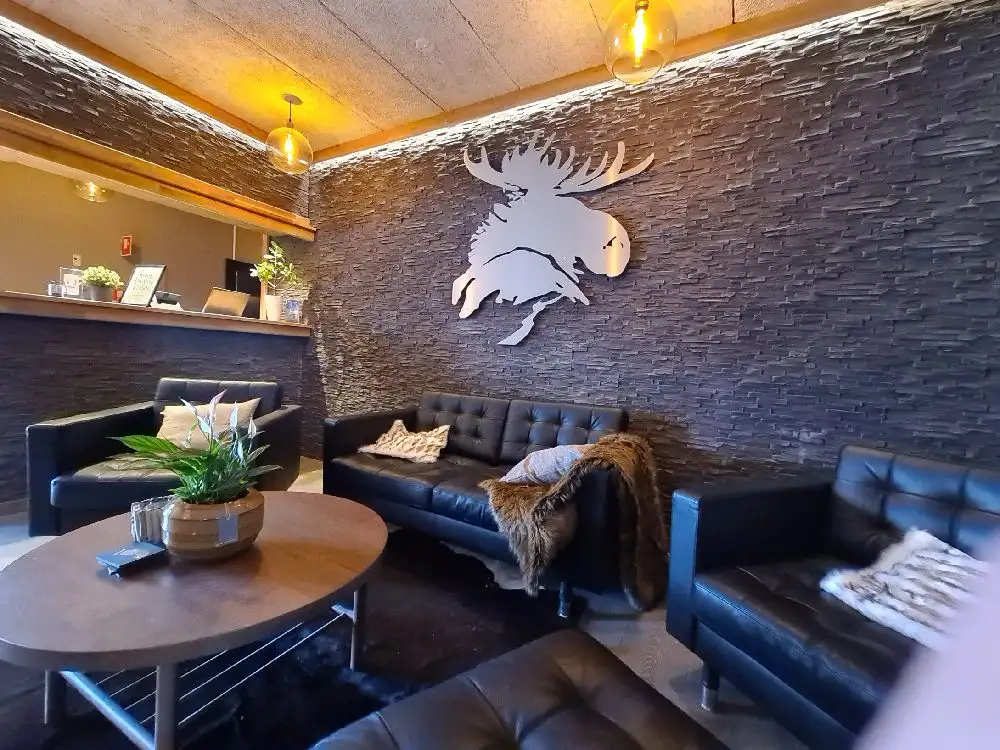 En rustik interiör på Hotel Nordica med ett vackert uppsatt renhorn på väggen som en central prydnad.