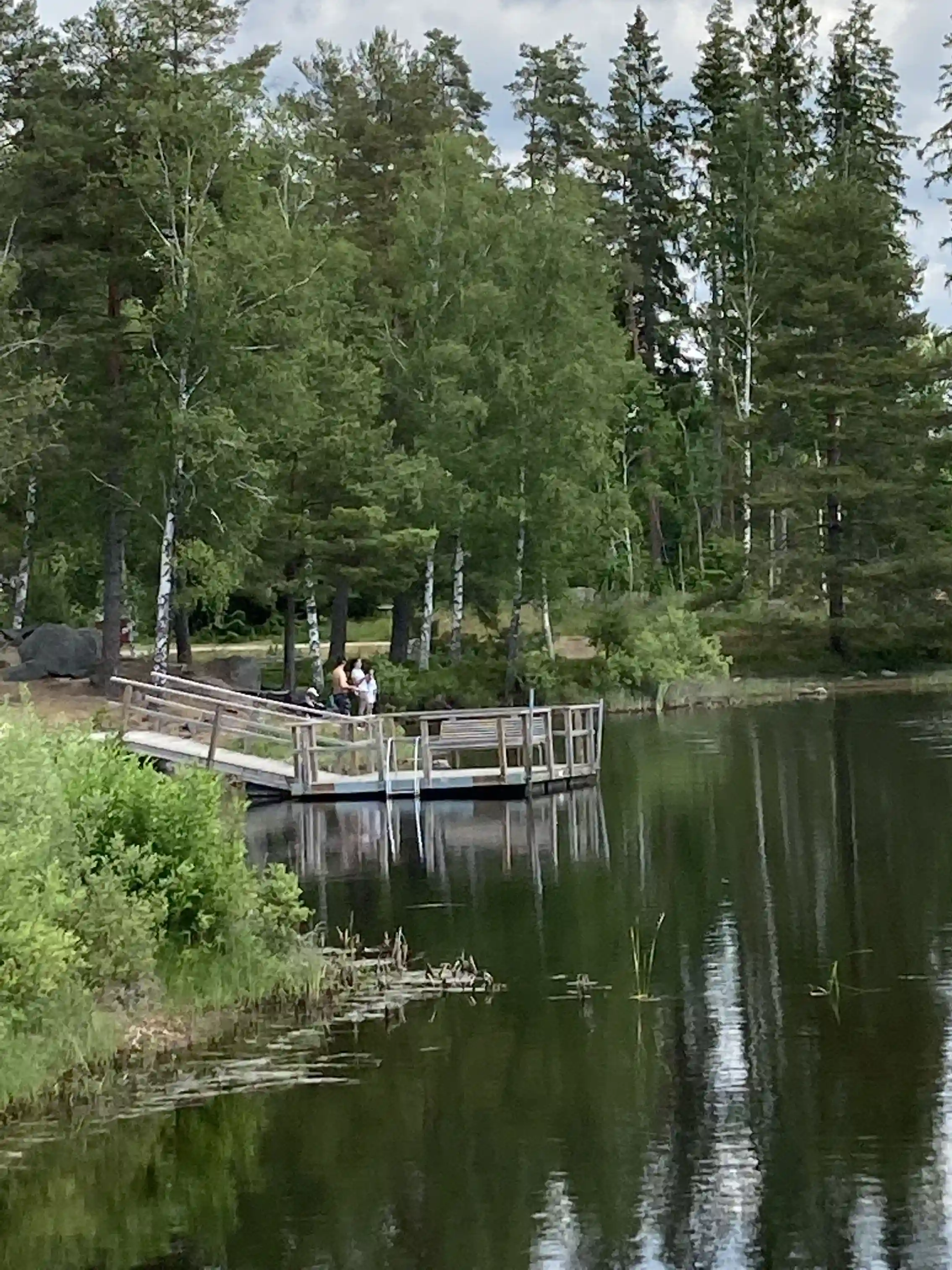 Bild av Skruvs vildmarkscamping som visar ett stilla vattendrag omgivet av träd. En bro sträcker sig över vattnet, vilket förstärker den natursköna miljön med inslag av sjö och vattendrag.