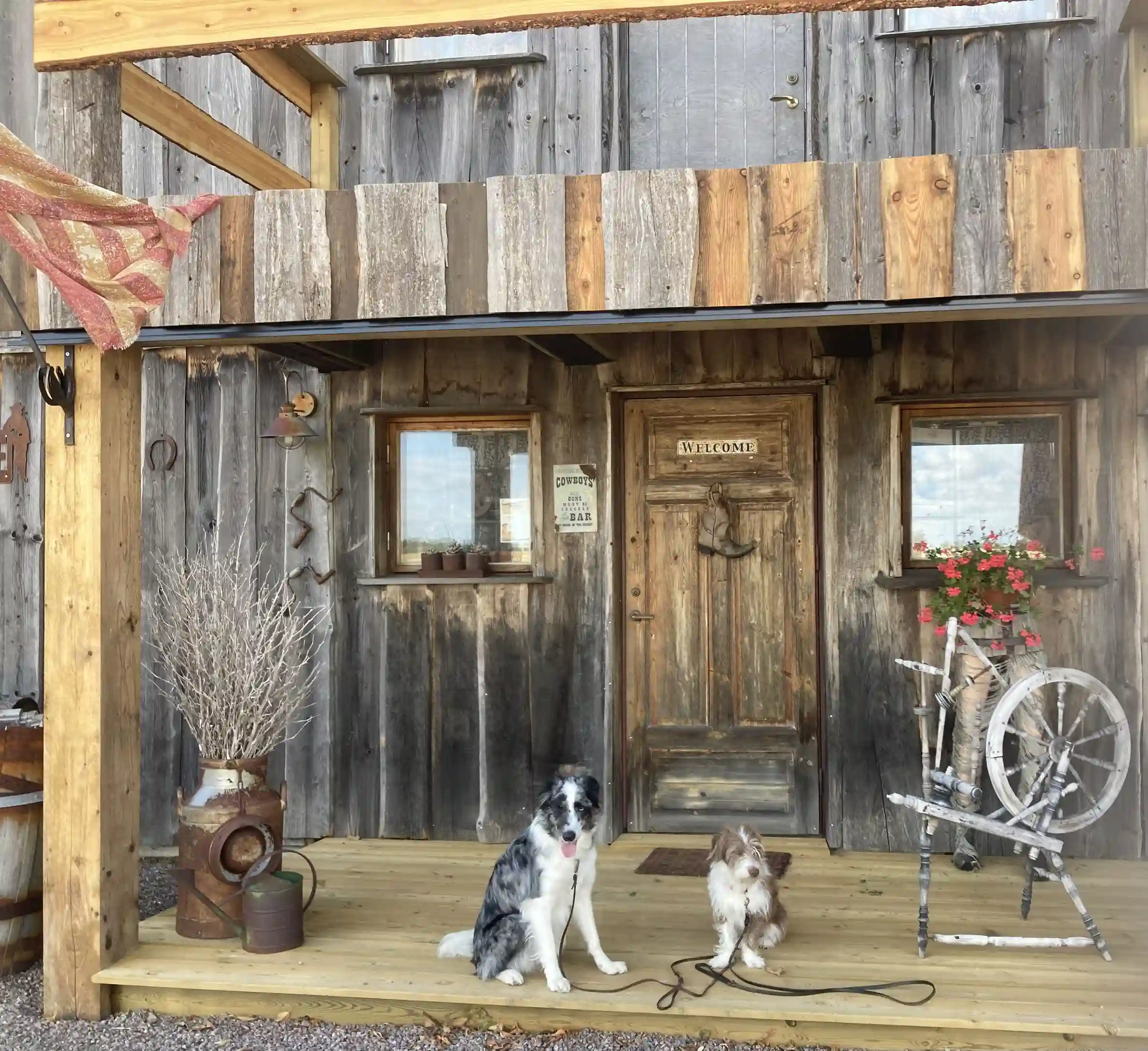 En trästuga med en robust trädörr, omgiven av naturliga träplankor. Stugan är en del av en ställplats i wild west-stil och utstrålar en rustik och autentisk känsla.