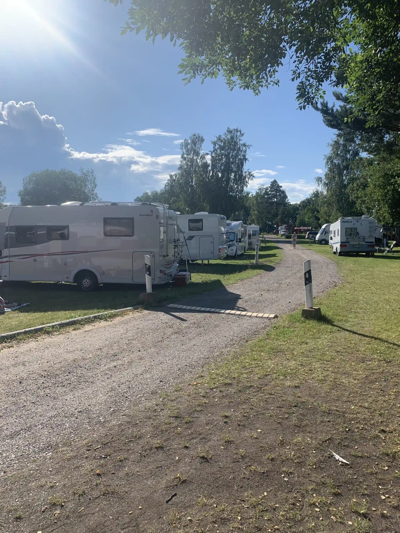 En campingplats med flera parkerade husvagnar och husbilar på Hargshamns camping. Området är omgivet av träd och har uppställningsplatser för besökare.