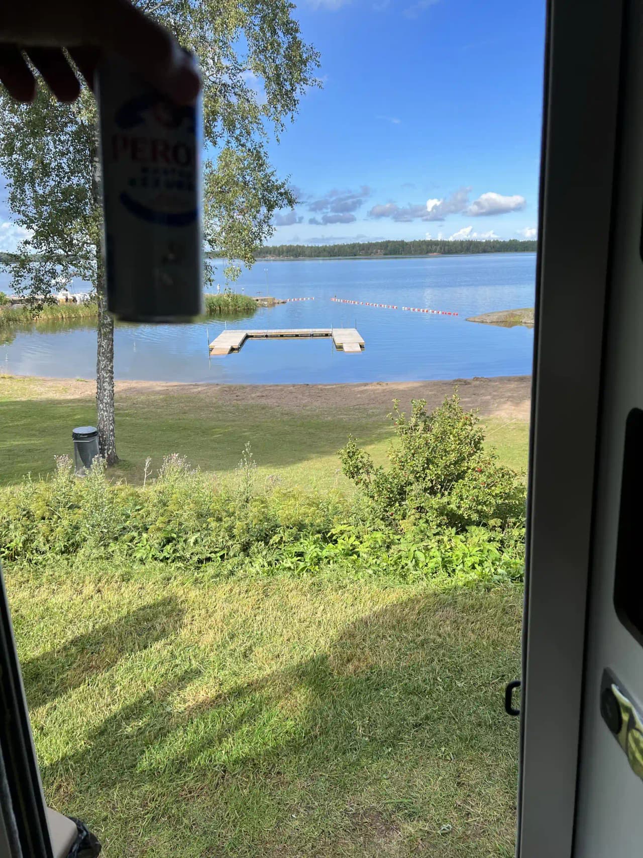 En grön gräsmatta omgiven av skogslandskap på Hargshamns camping.