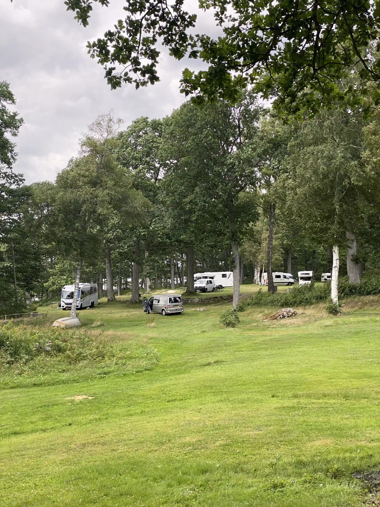 En grönskande parkeringsplats vid Hägern Bed & Nature med träd och gräsmattor som omger olika fordon, inklusive familjebilar och husvagnar.