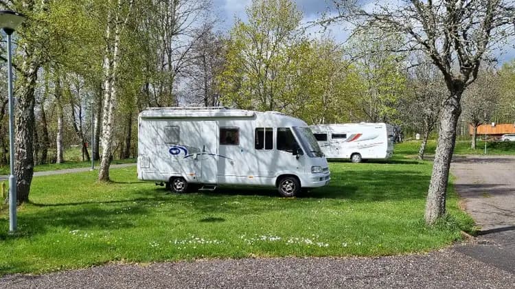 En campingplats med flera husvagnar och husbilar parkerade på gräsytor, omgivna av träd och grönska i bakgrunden.