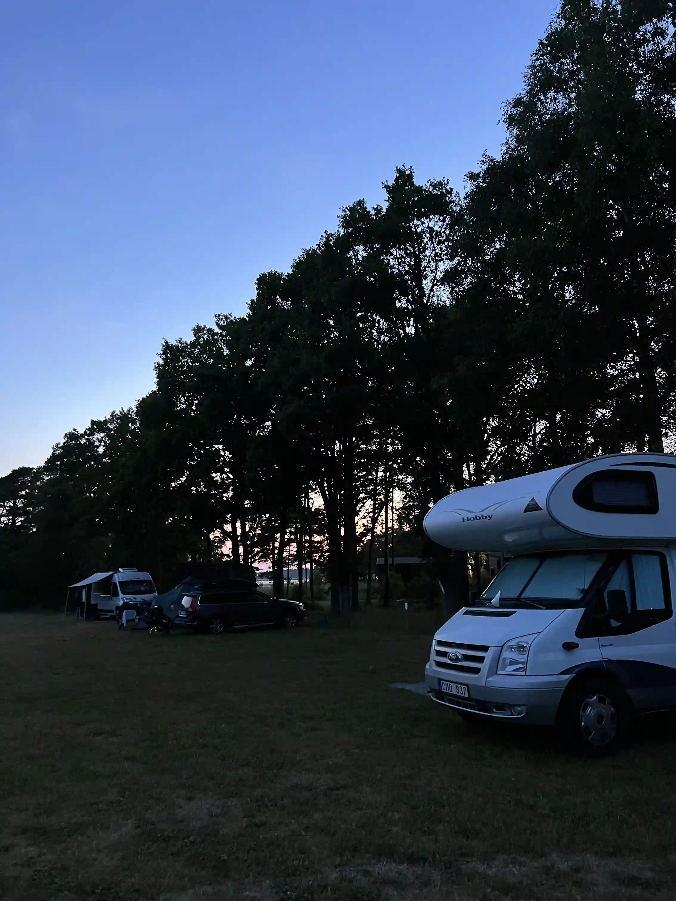 En uppställningsplats med husbilar och bilar parkerade på en camping, omgiven av grönska. En husvagn syns i bakgrunden. 