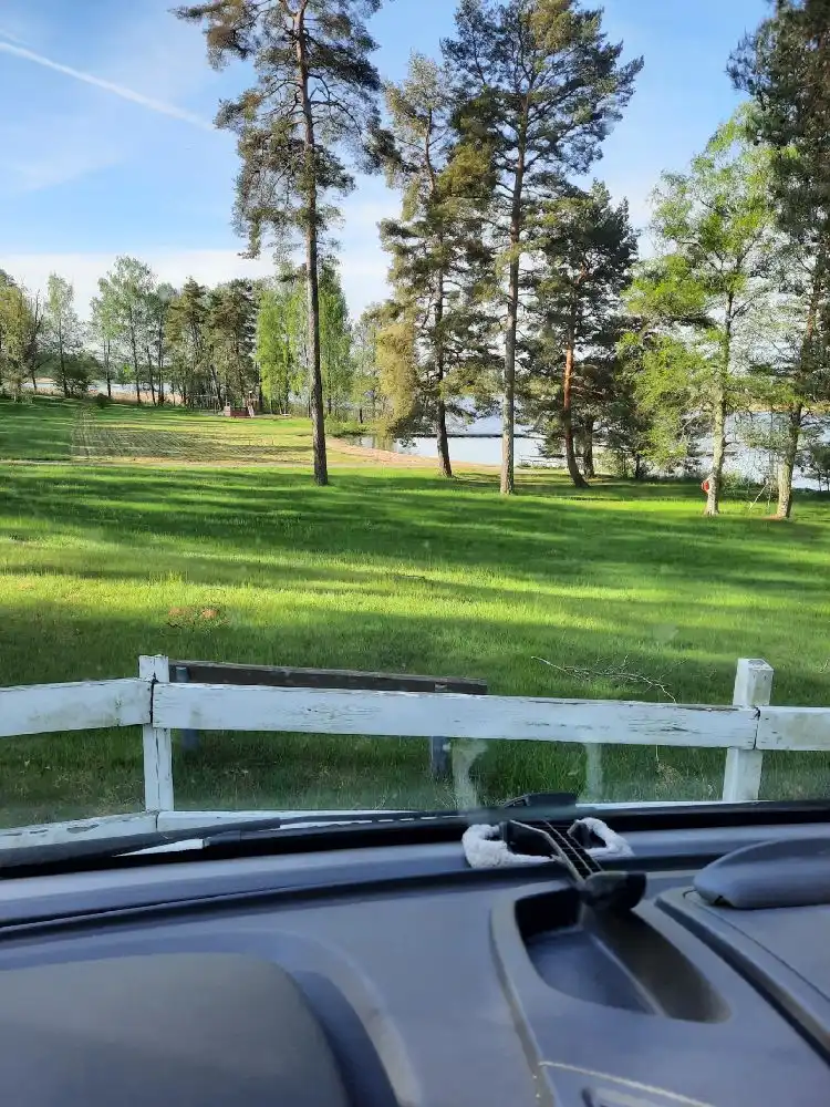 En grönskande campingplats med frodig gräsmatta och höga träd. En väg syns genom området och en husbil står parkerad nära ett område med tallar.